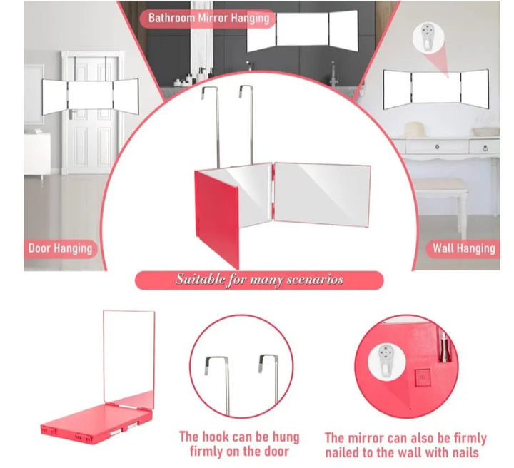 Rectangle trifold vanity mirror led lighted adjustable hair cutting  3 way salon hairstyling mirror for self hair cutting 360