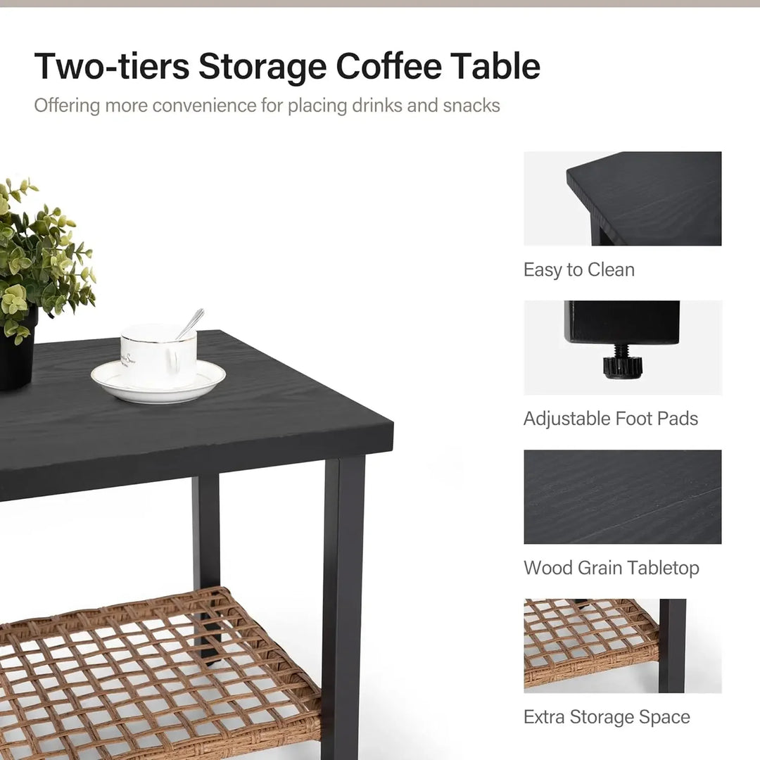 2025-New-3-Piece Rocking Bistro Set, Outdoor Patio Furniture with Thick Cushions and 2-Tier Coffee Table, Oversize Rattan Conver