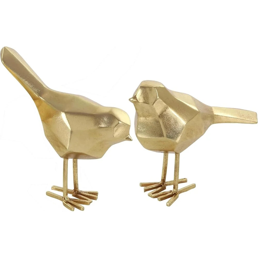 Glamorous Polystone Bird Decorative Sculpture Set of 2 Accent Figurines Modern Home Decor Gold Metallic Finish