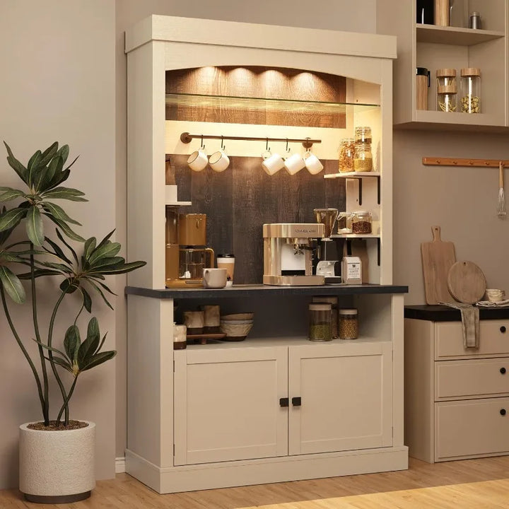 Coffee Bar Cabinet with LED Lights 72" Tall Buffet Cabinet with Storage Farmhouse Kitchen Sideboard Tall Coffee Hutch