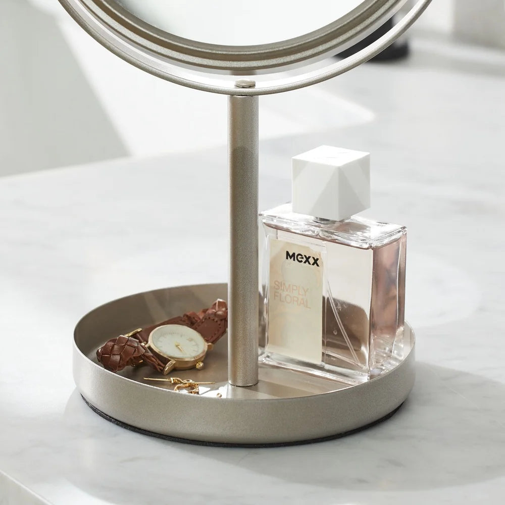 Satin Nickel Dual Sided Vanity Mirror 360 Degree Swivel Durable Metal Freestanding Magnifying Bathroom Makeup Cosmetic Makeup