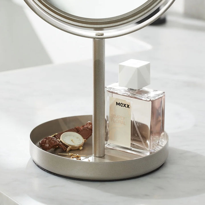 Satin Nickel Dual Sided Vanity Mirror 360 Degree Swivel Durable Metal Freestanding Magnifying Bathroom Makeup Cosmetic Makeup