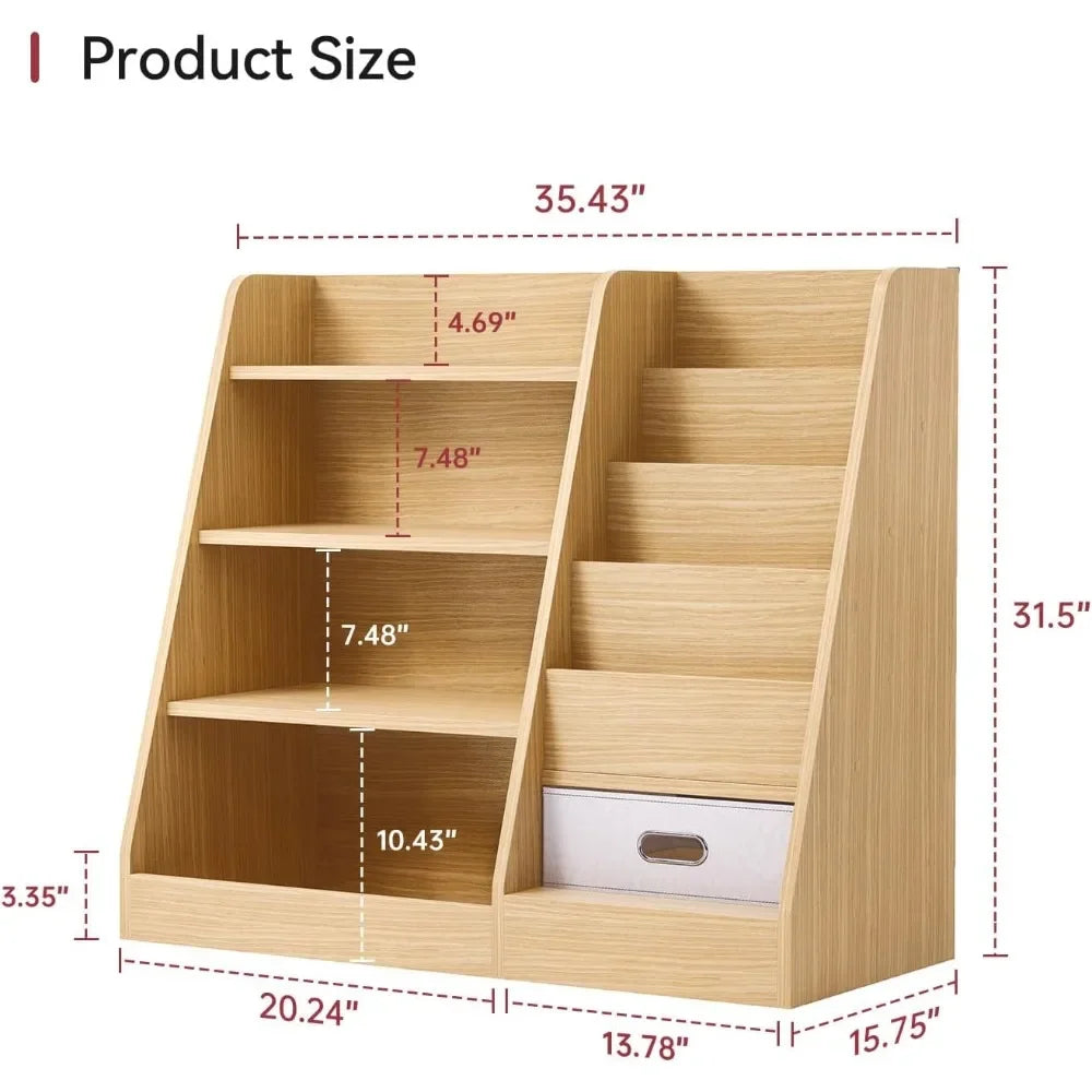 4 Tier Kids Wooden Bookshelf with Drawer, Five Layer Sling Children Bookcase, Baby Storage Book Rack, Book and Toy Orga