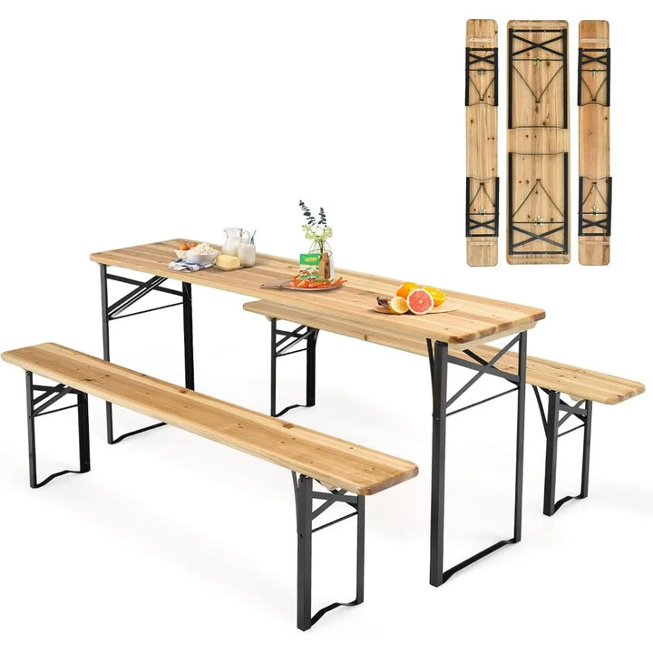 Foldable Picnic Table with Benches, 3-Piece 70” Portable Beer Garden Table with Sturdy Steel Frame, Folding Wooden Picnic