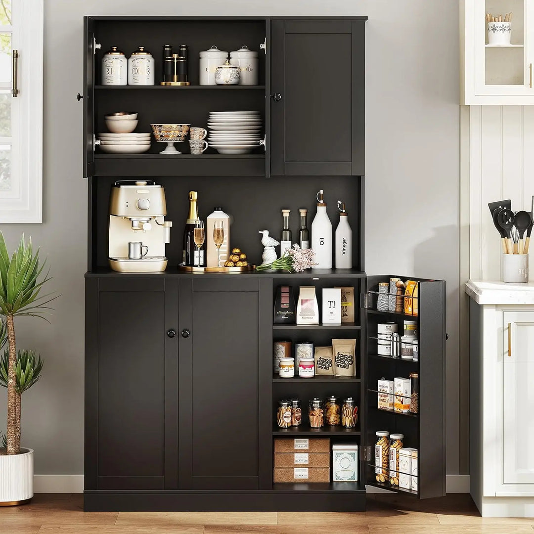 71" Tall Kitchen Pantry Storage Cabinet with Microwave Stand & Door Shelf, Freestanding Kitchen Hutch with 6 Doors and Adjustabl