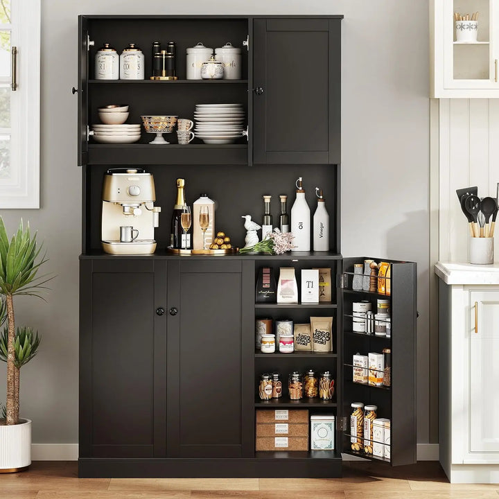 71" Tall Kitchen Pantry Storage Cabinet with Microwave Stand & Door Shelf, Freestanding Kitchen Hutch with 6 Doors and Adjustabl