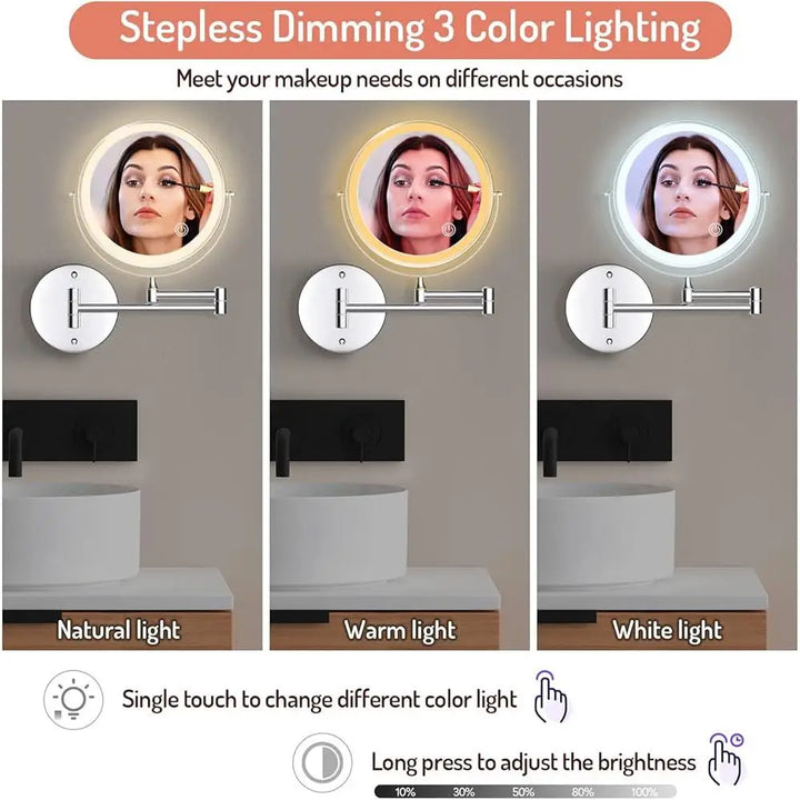 Rechargeable Wall Mounted  Makeup Mirror 8 inch Double-Sided 1X 10X Magnification 3 Color Light Modes Adjustable Brightness