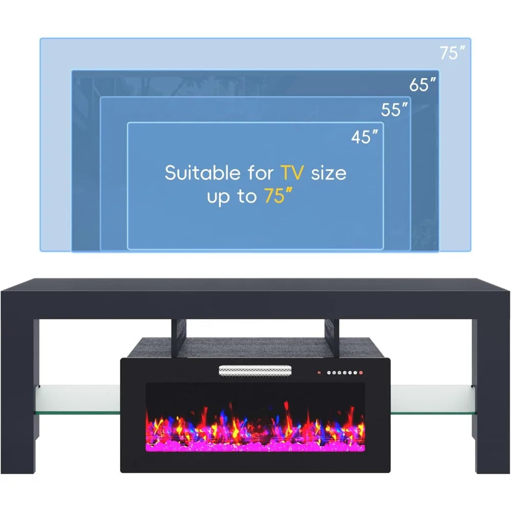 70" Fireplace TV Stand for TVs Up to 75", High Gloss Entertainment Center with 36" Electric Fireplace Heater, 7 Color LED Strip