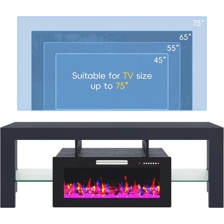 70" Fireplace TV Stand for TVs Up to 75", High Gloss Entertainment Center with 36" Electric Fireplace Heater, 7 Color LED Strip
