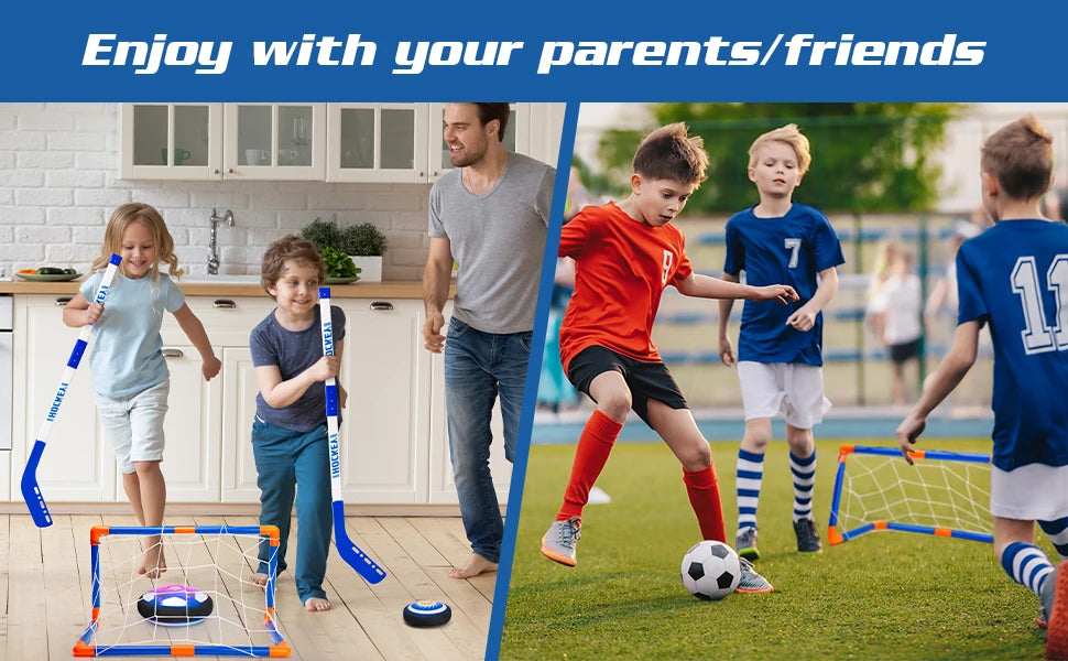 Hover Soccer Ball set, 2-in-1 Indoor and Outdoor Soccer Ball, Hover Hockey Set for Kids Ages 3 +, Rechargeable LED Birthday Gift