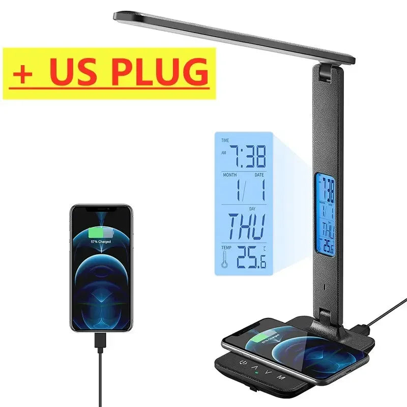 Wireless Charger Pad USB Fast Charging Station LED Desk Lamp Temperature Alarm Clock Eye Protect Study Business Light Table Lamp
