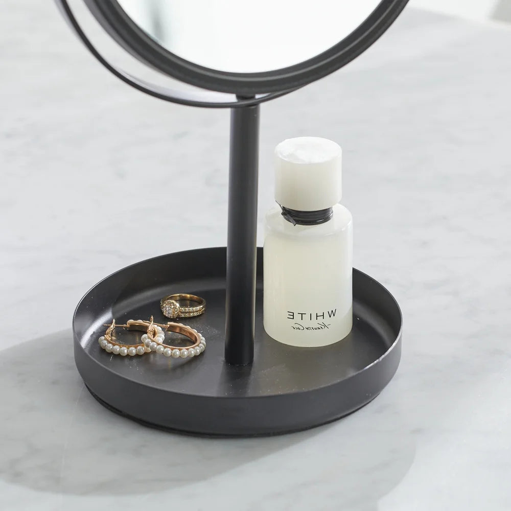 Dual-Sided Vanity Mirror 360 Degree Swivel Compact Design Freestanding Durable Metal Construction Elegant Makeup Organizer Tray