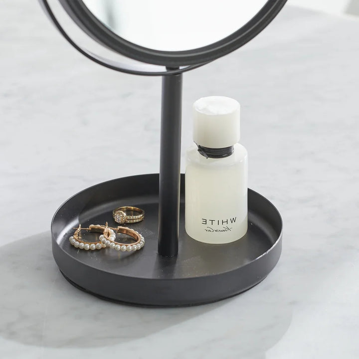 Dual-Sided Vanity Mirror 360 Degree Swivel Compact Design Freestanding Durable Metal Construction Elegant Makeup Organizer Tray