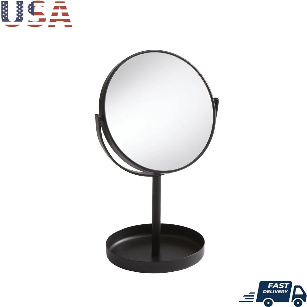 Dual-Sided Vanity Mirror 360 Degree Swivel Compact Design Freestanding Durable Metal Construction Elegant Makeup Organizer Tray