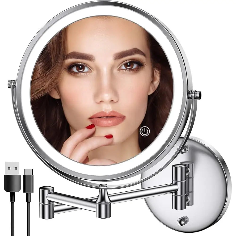 Rechargeable Wall Mounted  Makeup Mirror 8 inch Double-Sided 1X 10X Magnification 3 Color Light Modes Adjustable Brightness