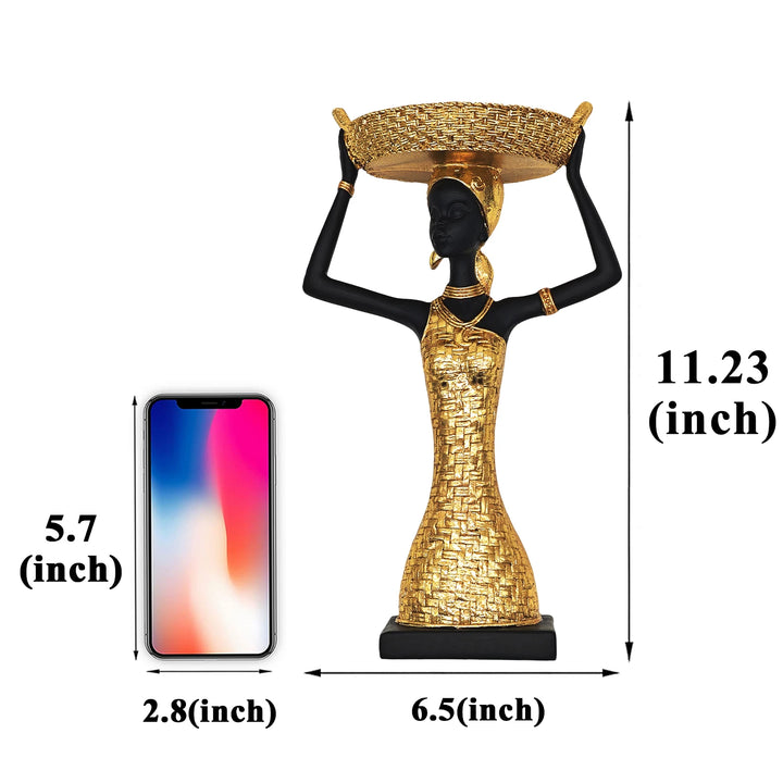 African Art Statue - 11.3" Figure Sculpture with Storage Tray,African Gold Lady Home Decor,for Living Room Figurines Decorations