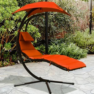 Hanging Chaise Lounger Chair, Arc Stand Porch Swing Chair W/Canopy, Cushion Built-in Pillow, Freestanding Swing Hammock Chair