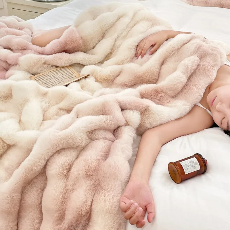 Luxury Thickened Rabbit Fur Plush Blanket High End Ultra Soft Cozy Office Nap Blanket Autumn Winter Sofa Cover for Living Room
