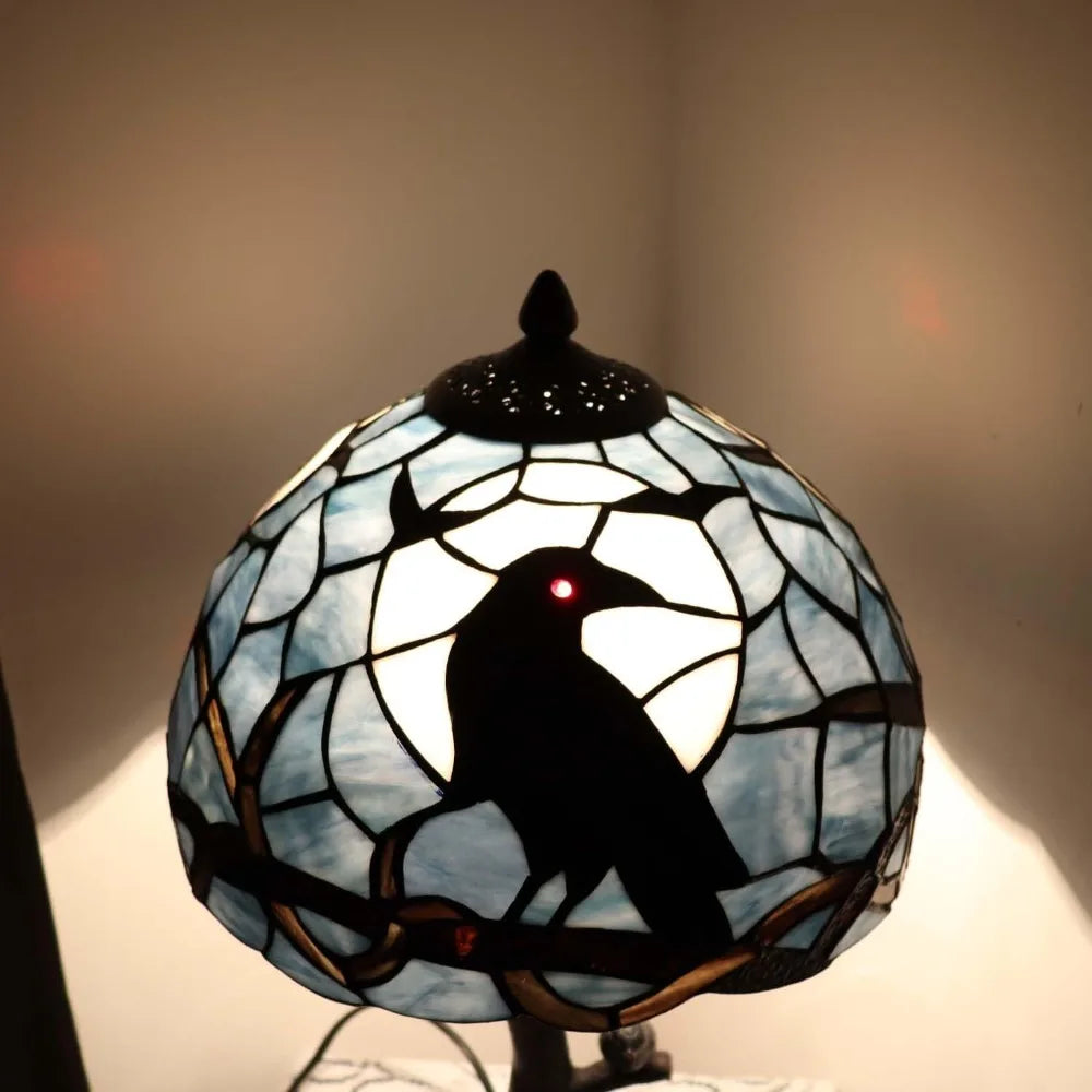 Table Lamps/ L10956 Raven Sitting on Bare Tree Branch in Full Moon Night Tiffany Style Stained Glass Table Lamp for Home Decor