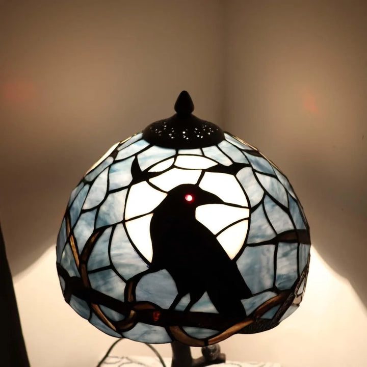 Table Lamps/ L10956 Raven Sitting on Bare Tree Branch in Full Moon Night Tiffany Style Stained Glass Table Lamp for Home Decor