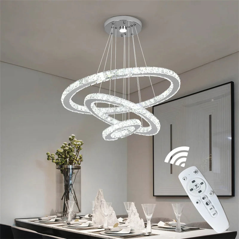 Modern Crystal Rings Led Chandelier Indoor Luxury Ceiling Lamp Dimming And Remote Control Pendan Lighting Chrome Lustre Fixtures