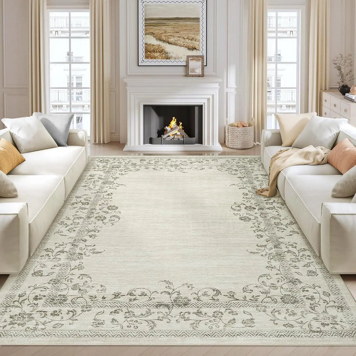 Washable Area Rug for Bedroom Farmhouse Rugs for Living Room Indoor Floral Bordered Large Rug Soft Carpet for Dining Room Office