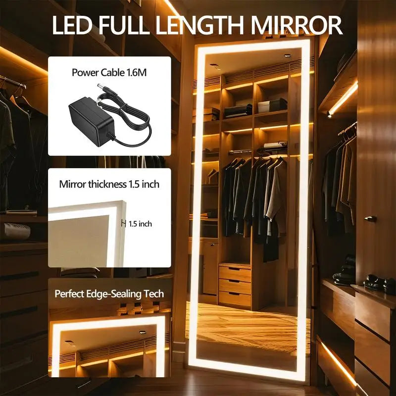 67x20 Inch Full Length Mirror with LED Lights, Standing or Wall-Mounted, Square Shape for Bedroom, Living Room, or Cloakroom,