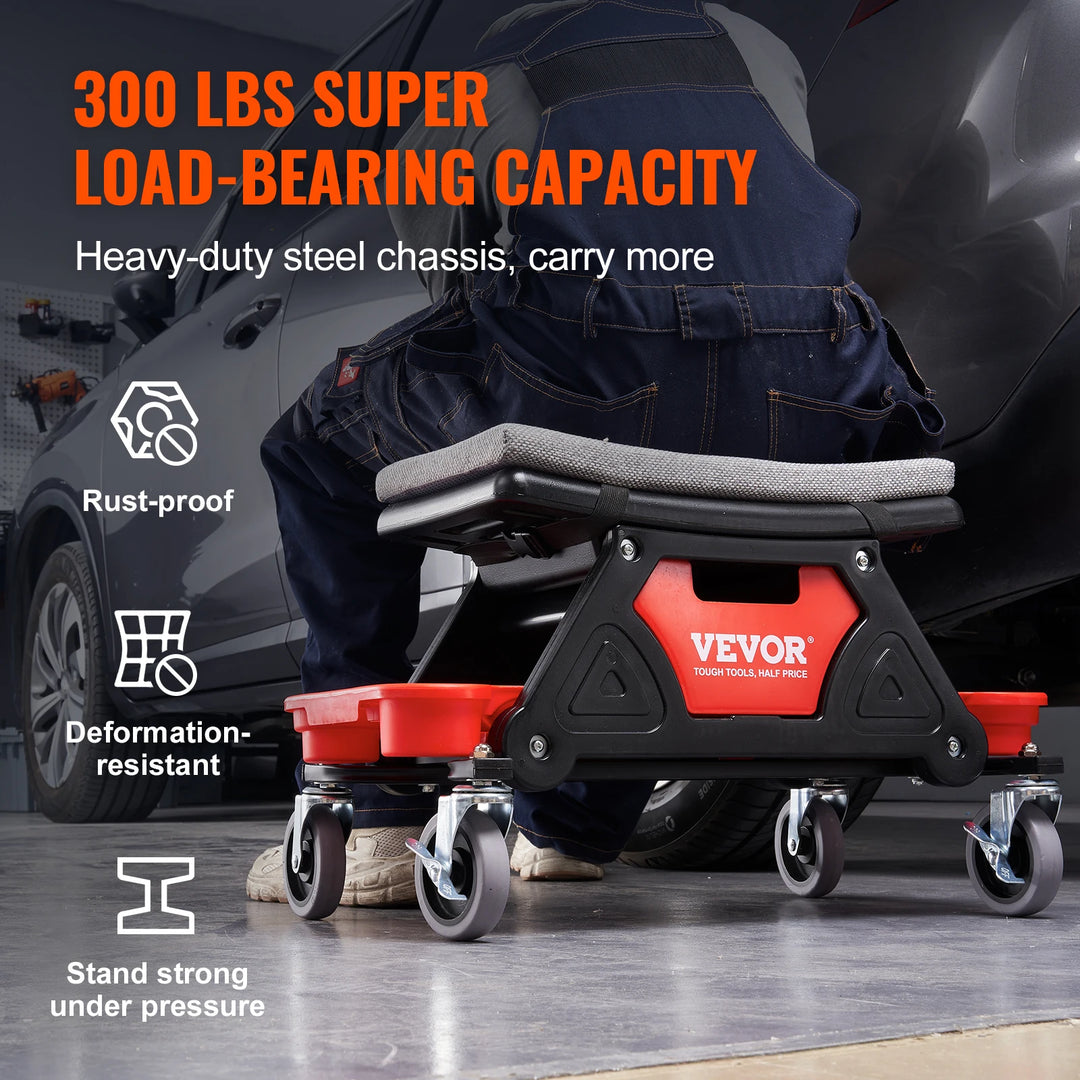 SucceBuy Rolling Mechanic Seat 300LBS w/ Wheels Tool Trays Drawer Heavy Duty Roller Creeper Seat for Home Garage DIY Automotive