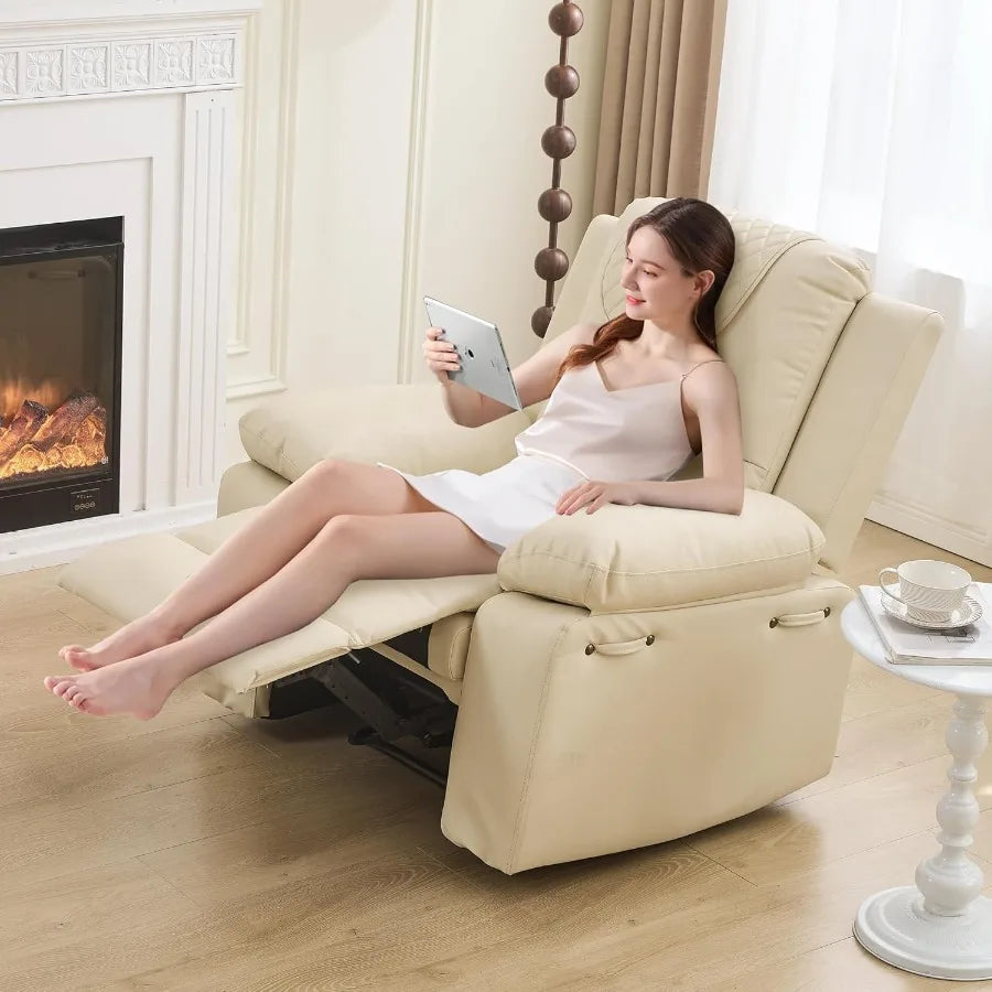 Recliner Chair with Electric Massage Adjustable Footrest Heat Manual Leather Recline for Adults Living Room Remote Control Beig