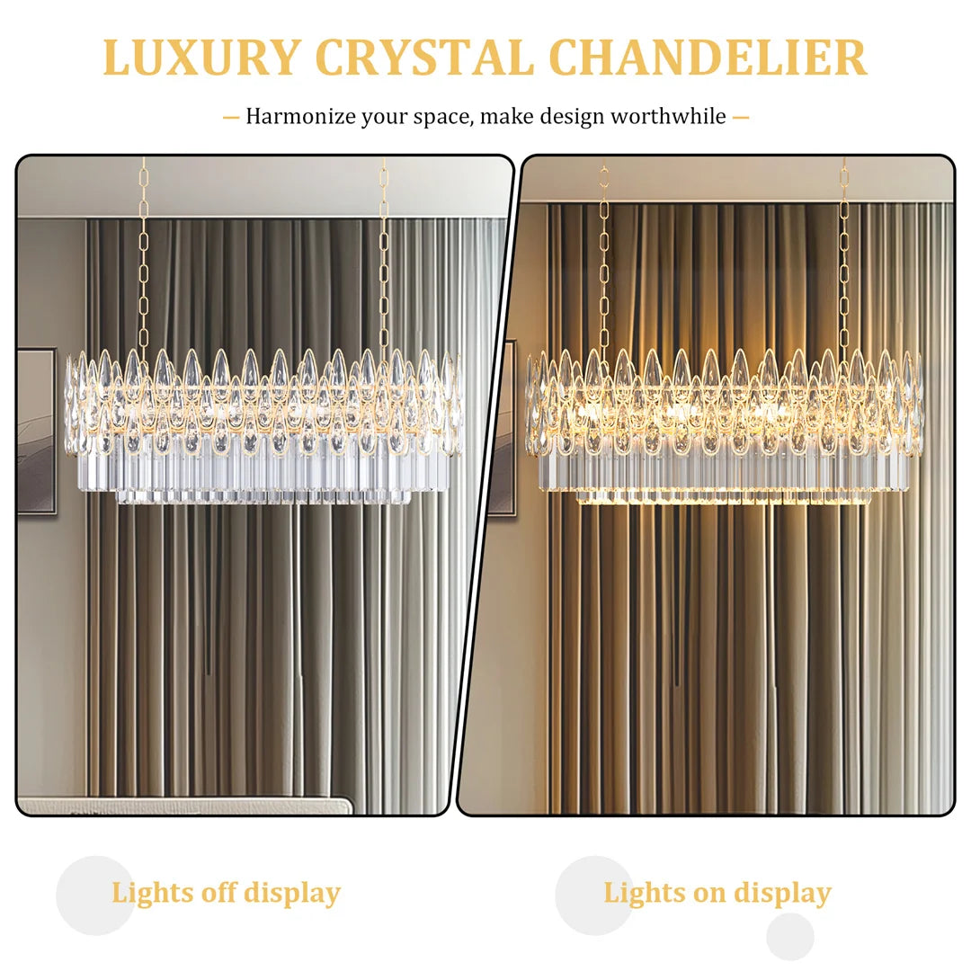 LUVODI Luxury Rectangle Crystal Chandelier Lamp Raindrop Design Pendant Ceiling Light Fixtures for Homes Hotel
