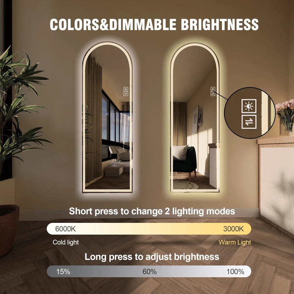 65" x 21" Arch Design LED Full Length Mirror ,Dimmable,  High Definition & Explosion-Proof, Full-Length Standing or Wall