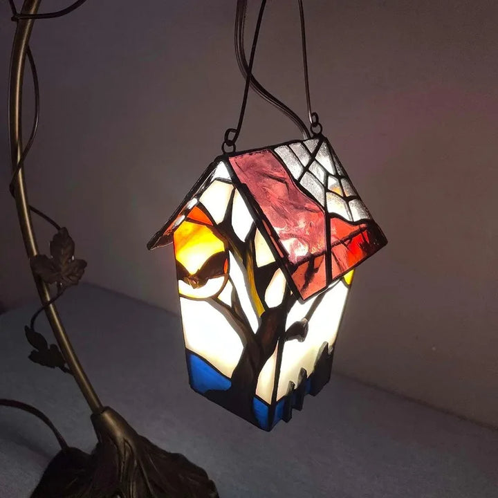 L10938 Spooky Graveyard Tiffany Style Stained Glass Birdhouse Table Lamp for Halloween Decor (21-inch High, Bat Nest)