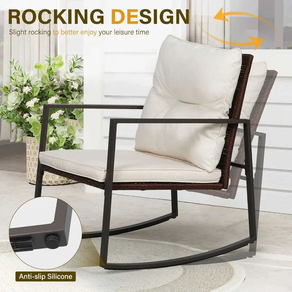 SUNCROWN 3-Piece Patio Bistro Set Outdoor Rocking Chairs Set Brown Wicker Porch Chairs with Glass Coffee Table, Beige Cushion