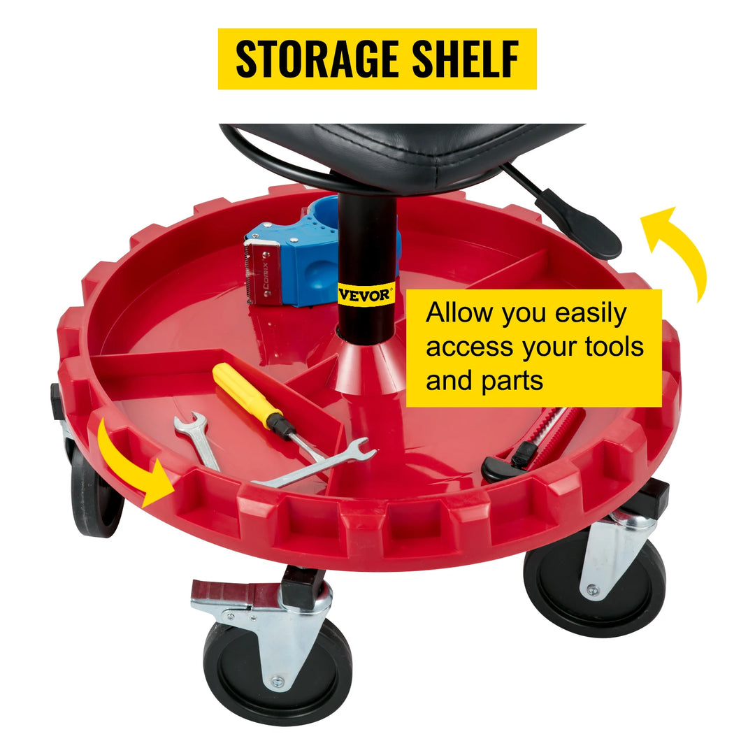 Rolling Garage Stool 300LBS Capacity 21"-26" Adjustable Height Range Mechanic Seat with Swivel Casters and Tool Tray