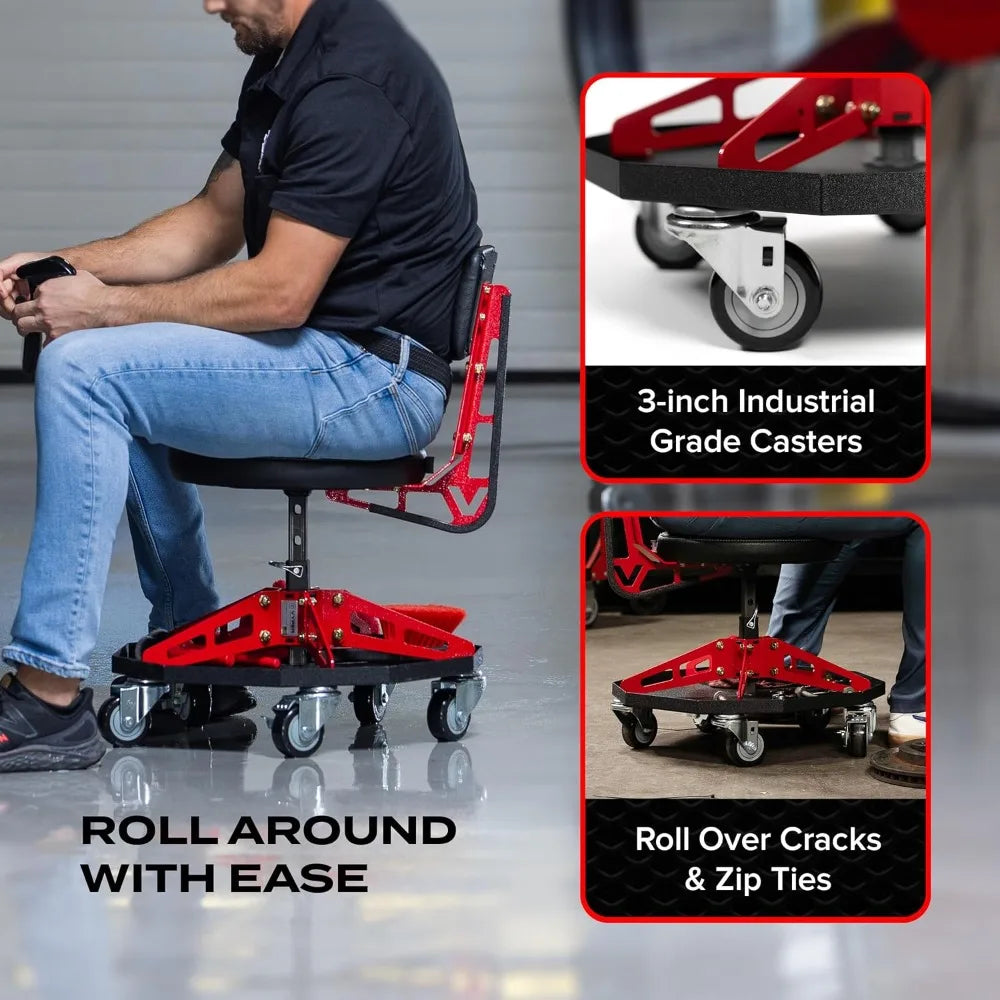 Steel Sport Shop Chair for Mechanics, Automotive, DIY - 300 lb Capacity Garage Stool with Backrest & Large Wheels