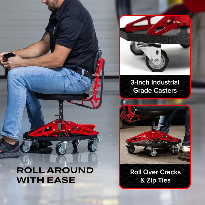 Steel Sport Shop Chair for Mechanics, Automotive, DIY - 300 lb Capacity Garage Stool with Backrest & Large Wheels