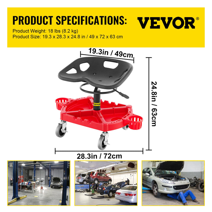 SucceBuy Rolling Garage Stool Car Detailing Stool Adjustable Height Mechanic Seat With Tool Tray Workshop Auto Repair Shop Stool