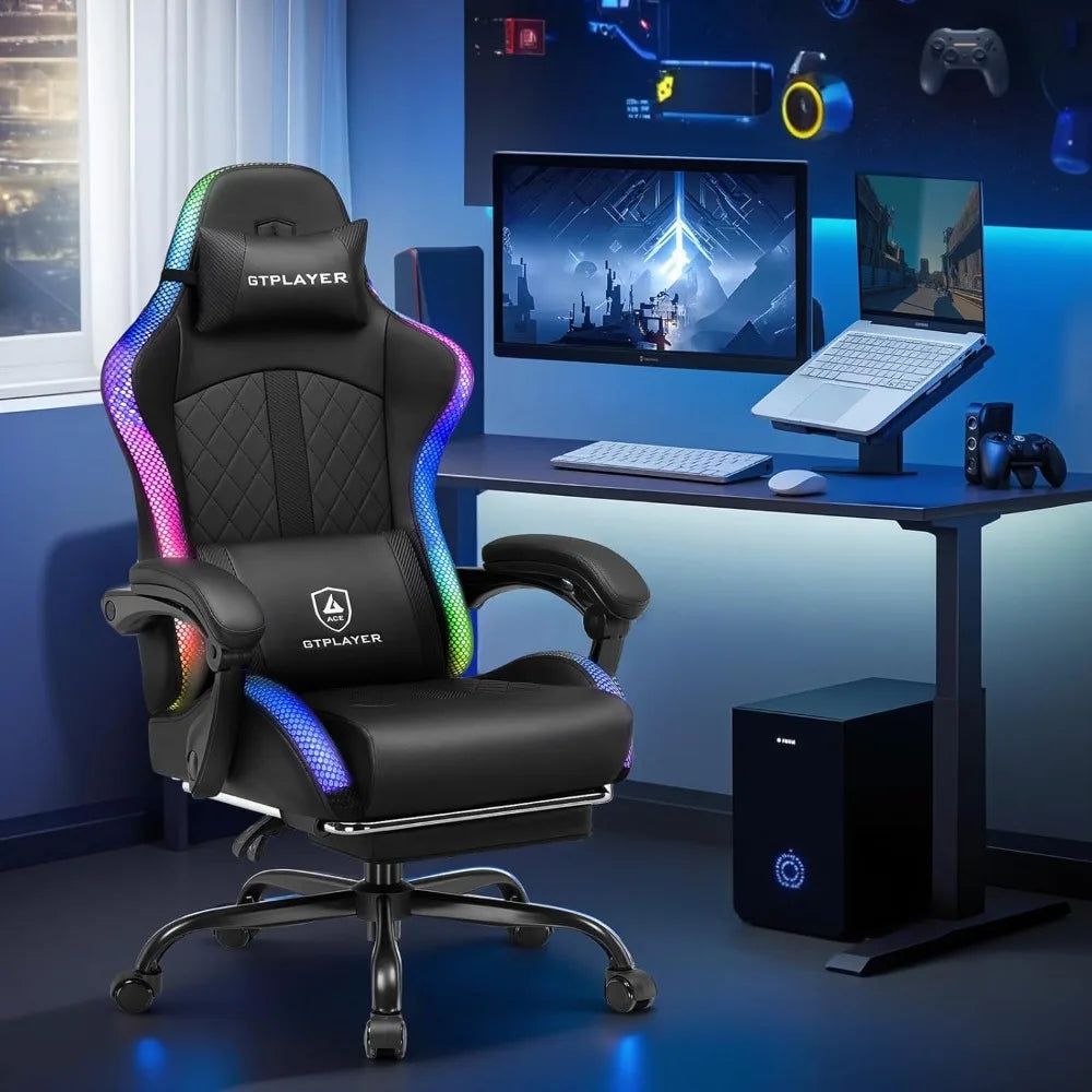 RGB Gaming Chair with Footrest and LED Lights, Reclining Computer Chair for Adults