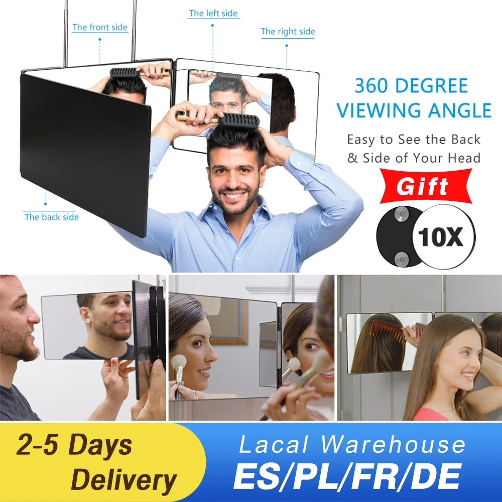 YINGHE 5 Way Mirror for Hair Cutting,Real Glass Adjustable Trifold Mirror with Light,Telescoping Hooks for Makeup and Styling