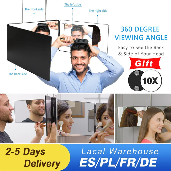 YINGHE 5 Way Mirror for Hair Cutting,Real Glass Adjustable Trifold Mirror with Light,Telescoping Hooks for Makeup and Styling