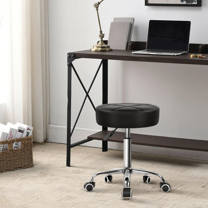 KKTONER Round Rolling Stool PU Leather Height Adjustable Swivel Drafting Work SPA Medical Salon Stools Chair with Wheels Black
