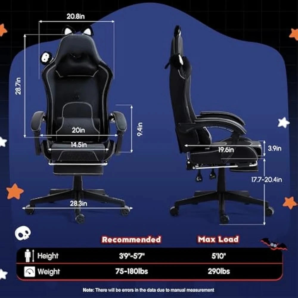 Gaming Chair Cute with Cat Ears and Massage Lumbar Support, Ergonomic Computer Chairs with Footrest and Headrest, Gaming Chair