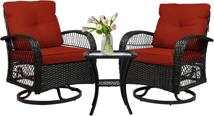 SHGJ&SOFT 3 Pieces Patio Furniture Set, Outdoor Wicker Patio Chairs with Thick Cushions and Glass Coffee Table, PE Rattan Conver