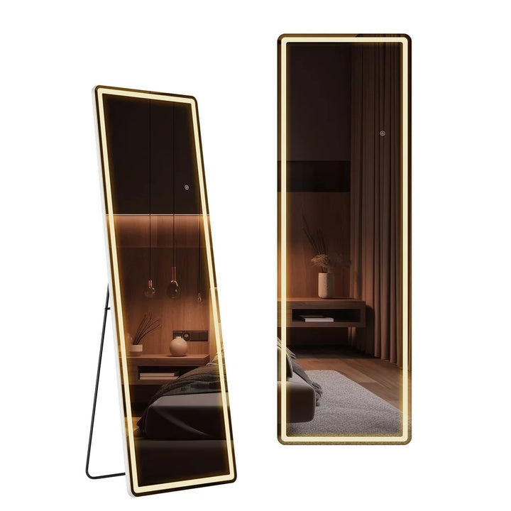 LED Full Length Mirror with Adjustable Brightness Aluminum Frame Wall Mounted Stand Free Standing High Definition Glass Bedroom