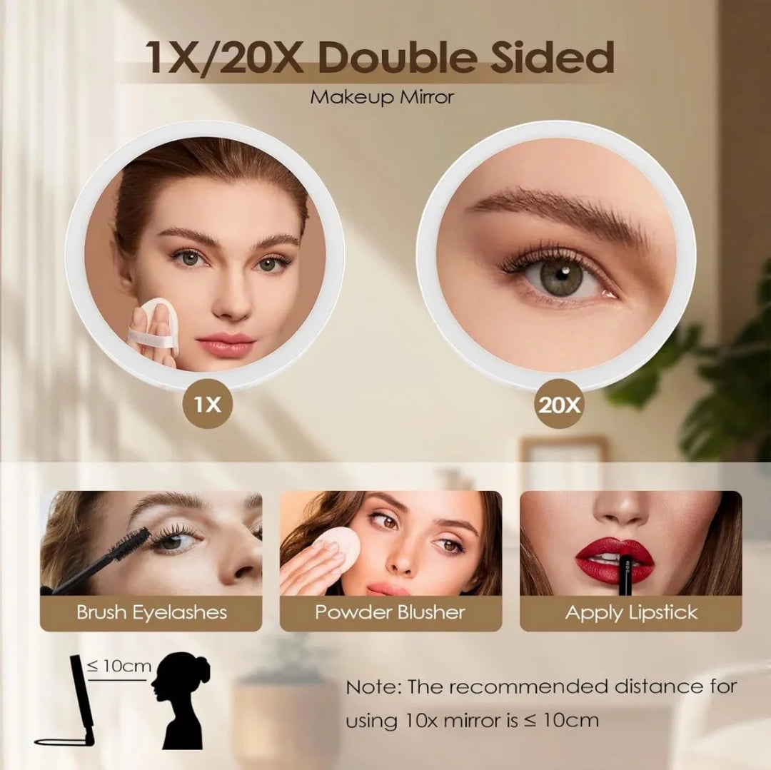 3 Colors LED Vanity Mirror with Touch Screen 5/10x USB Rechargeable Dimming Makeup Mirror 3 Brightness Portable
