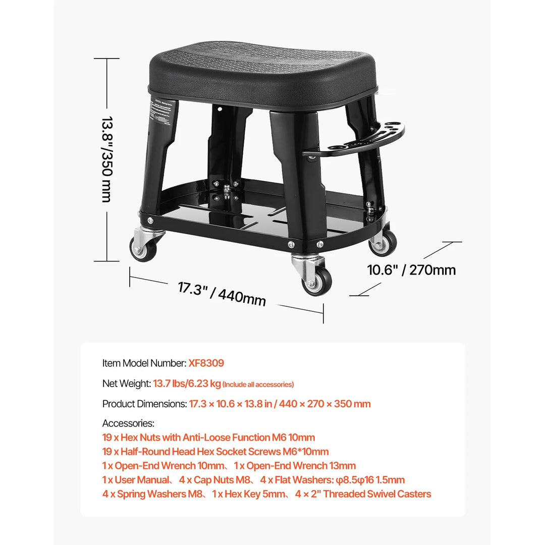 SucceBuy Mechanic Stool 300lbs Garage Seat with Wheels 360° Swivel Rolling Workshop Stool with Tool Tray for Garage, Shop Repair