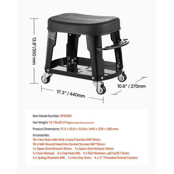 SucceBuy Mechanic Stool 300lbs Garage Seat with Wheels 360° Swivel Rolling Workshop Stool with Tool Tray for Garage, Shop Repair