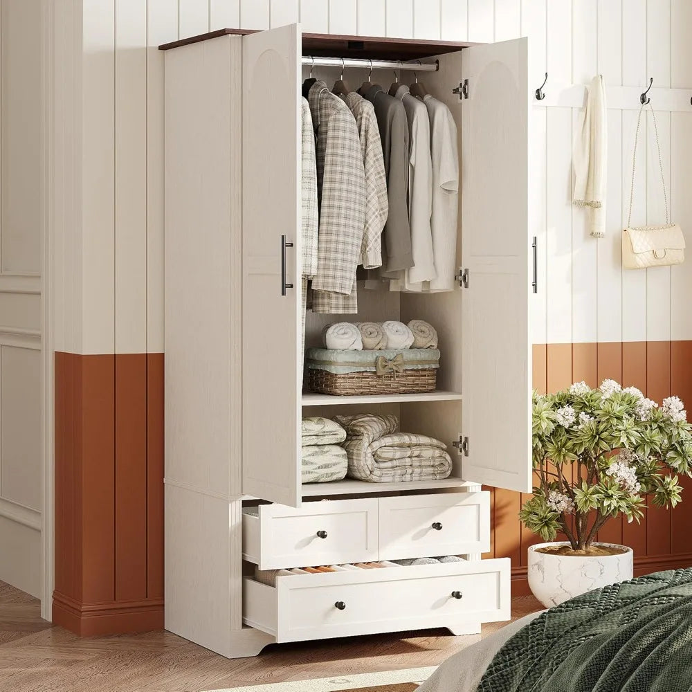 Wooden Wardrobe Closet,Versatile Storage Armoire Wardrobe Closet with Aluminum Alloy Hanging Rod, 2 Doors，3-Drawer and H