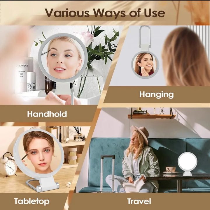 3 Colors LED Vanity Mirror with Touch Screen 5/10x USB Rechargeable Dimming Makeup Mirror 3 Brightness Portable