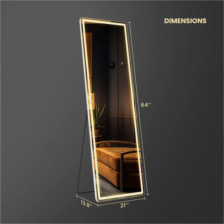 LED Full Length Mirror with Adjustable Brightness Aluminum Frame Wall Mounted Stand Free Standing High Definition Glass Bedroom